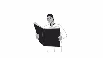 Afrikaanse Amerikaans Mens Holding boek bw schets 2d karakter animatie. lezing boek monochroom lineair tekenfilm 4k video. bril vent in collared overhemd geanimeerd persoon geïsoleerd Aan wit achtergrond video