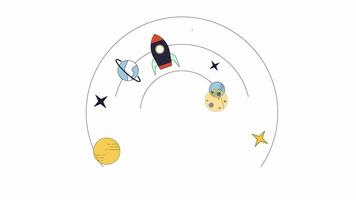 Rocket and planets in space stars line 2D animation. Orbit solar system 4K video motion graphic. Astrology. Cosmos galaxy with space ship linear animated cartoon flat concept, white background
