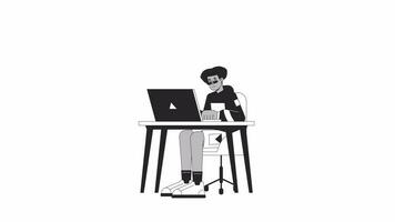 Hispanic young man working from home laptop bw outline 2D character animation. Telelavoro monochrome linear cartoon 4K video. Male worker typing notebook animated person isolated on white background video