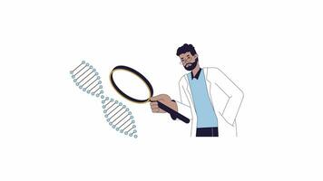 Black researcher studying DNA strand rotating line 2D animation. African american man in lab coat 4K video motion graphic. Loupe research linear animated cartoon flat concept, white background