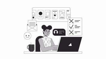 Remote worker communication bw outline 2D animation. Woman typing laptop office 4K video motion graphic. Freelancer black american monochrome linear animated cartoon flat concept, white background