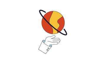 Hand presenting saturn planet line 2D animation. Gravity outer space 4K video motion graphic. Cosmos celestial body. Ringed planet in hand linear animated cartoon flat concept, white background