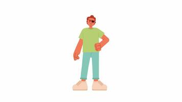 Eye patch man with hand on hip full body 2D character animation. Posing flat cartoon 4K video, transparent alpha channel. Caucasian male with visual disability animated person on white background video