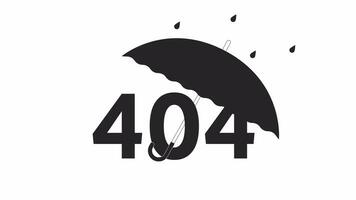 Rain umbrella black and white error 404 animation. Protection weather rainy error message gif, motion graphic. Autumn umbrella raindrops falling animated object linear 4K video isolated on white