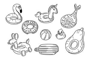 Set of hand drawn pool floating doodles. Black vector outline elements on white backgrpund. Different pool float and bath duck. Sketch technique. Ideal for coloring pages, stickers, tatoo.