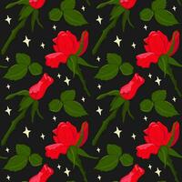 Vector flat red roses seamless pattern with lights. Dark theme. Perfect for wrapping paper, background, wallpaper, textile, banner, scrapbooking, banner