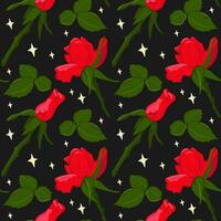 Vector flat red roses seamless pattern with lights. Dark theme. Perfect for wrapping paper, background, wallpaper, textile, banner, scrapbooking, banner