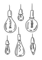 Set of hand drawn electric bulbs doodles. Vector isolated outline elements on white background. Different forms and sizes. Sketch design. Perfect for coloring pages, stickers, tatoo.