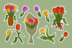 Set of flat vector colorfull tulips stickers. Hand drawn isolated elements with white outline. Bunches of tulips in ceramic vase, in paper and with ribbon. Botanical unique design