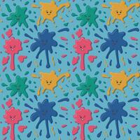 Kawaii colorful blob of paint seamless pattern. Vector isolated red, blue, green and yellow blobs with facial expresiion on blue background. Perfect for home decoration, kids textile, wrapping paper