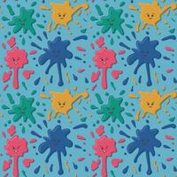 kawaii vistoso gota de pintar sin costura modelo. vector aislado rojo, azul, verde y amarillo gotas con facial expresión en azul antecedentes. Perfecto para hogar decoración, niños textil, envase papel