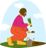 Girl sits down planting gardens flowers, agriculture gardener hobby and garden job vector