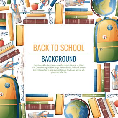 Back to school frame design. Poster, postcard with backpack, books, globe. School, Knowledge, education.Background with school supplies