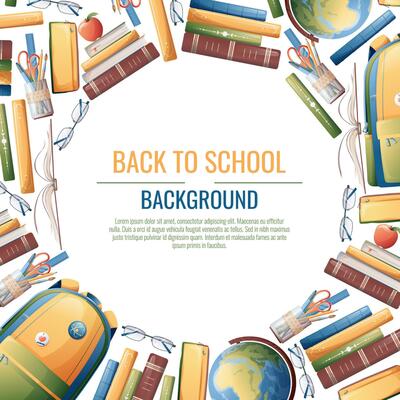Back to school frame design. Poster, postcard with backpack, books, globe. School, Knowledge, education.Background with school supplies