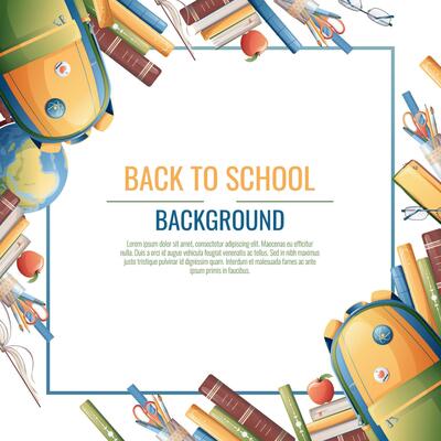 Back to school frame design. Poster, postcard with backpack, books, globe. School, Knowledge, education.Background with school supplies