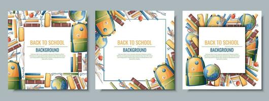 Back to school frame design. Set of postcard templates with backpack, books, globe. School, Knowledge, education.Background with school supplies vector