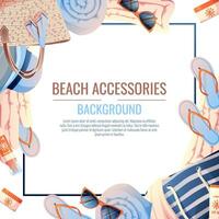 verano antecedentes con playa accesorios. playa marco hecho de Paja bolsa, sombrero y protector solar playa vacaciones, vacaciones, verano tiempo, mar onda. póster, volantes, tarjeta para verano rebaja vector