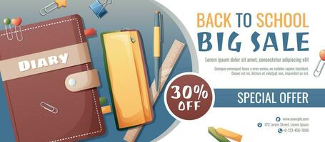 Back to school discount banner template with diary, pencil case, pen and paper clips scattered on the surface. Learning, knowledge, education. Flyer, poster with textbooks vector