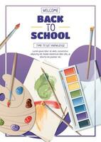 Flyer template with palette of paints, brushes, and paper. School time, back to school, education. Flyer, poster, banner size a 4 vector