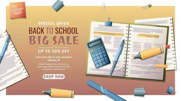 Back to school sale banner template with textbook, calculator and stationery. School time, back to school, education.Concept web design, website page vector