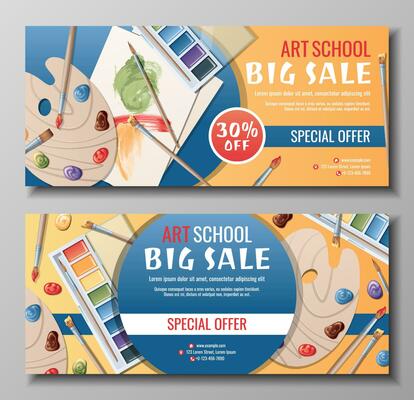Set of banner templates for art school, studio, course, classroom, education. Back to school sale vector background with art paints, brushes and palette
