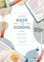 Flyer template with textbook with stationery. School time, back to school, education. Flyer, poster, banner size a 4 vector