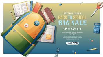 Back to school sale banner template with textbooks, books, backpack, stationery. School time, back to school, education.Concept web design, website page vector