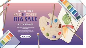 Back to school sale banner template for art school, studio, course, class, education. Vector background with art paints, brushes and palette. Creativity, hobby.School time