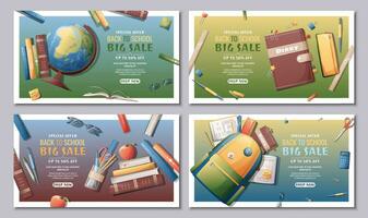 Banner design set with textbooks, backpack, globe, books, stationery. School time, back to school, education.Concept web design, website page vector