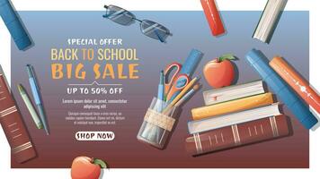 Back to school sale banner template with textbooks, books, stationery. School time, back to school, education.Concept web design, website page vector