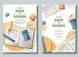 Set of flyer template with notebook with calculator and pencil. School time, back to school, education. Flyer, poster, banner size a 4 vector