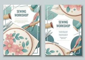 Flyer design set for sewing atelier, workshop. Poster with hoop, thread, scissors, sewing tools. Hobby, needlework, light industry. A4 banners for advertising vector