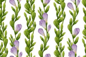 Seamless vertical pattern with purple freesia flowers and green buds. Wallpaper, fabric, wrapping paper, scrapbooking paper. vector