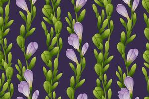 Seamless vertical pattern with purple freesia flowers and green buds. Wallpaper, fabric, wrapping paper, scrapbooking paper. vector