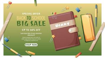 Back to school sale banner template with diary, pencil case, pen and paper clips scattered on the surface. School time, back to school, education.Concept web design, website page vector