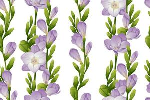 Seamless vertical pattern with purple freesia flowers and green buds. Wallpaper, fabric, wrapping paper, scrapbooking paper vector