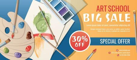 Banner design template for art school, studio, course, class, education. Back to school sale vector background with art paints, brushes and palette. Creativity, hobby.