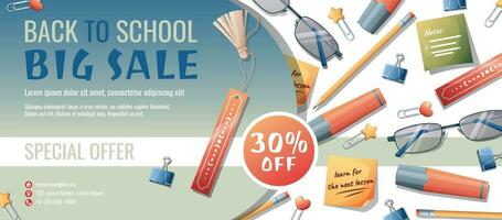 Back to school discount banner template with diary, pencil case, pen and paper clips scattered on the surface. Learning, knowledge, education. Flyer, poster with textbooks vector