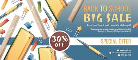 Back to school discount banner template with diary, pencil case, pen and paper clips scattered on the surface. Learning, knowledge, education. Flyer, poster with textbooks vector