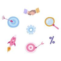 Set of business icons in cute cartoon style. About business processes, goals, analyzing, searching information, launching projects. Vector hand drawn illustrations isolated on background.