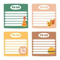 Cute scrapbook templates for planner notes, to do, to buy and other with colorful illustrations about work life balance. With printable, editable illustrations. For school and university schedule. vector