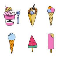 Cute and simple ice cream doodle set. Cold dessert for summer hot days. Vector illustration isolated on the background. Colorful clipart with hand drawn outline. Different shapes of ice cream.