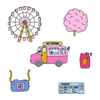 Cute doodle set with amusement park at the carnival. Park with ferris wheel, ice cream van. Simple colorful clipart with hand drawn outline isolated on the background. Sign of family vacation. vector