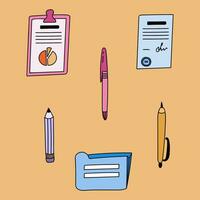 Set of cute and funny business documents, pens and pencils in cartoon style. Paper in clipboard, folder, pencil for writing things down. Vector hand drawn illustrations isolated on background.