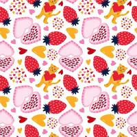 Cute vector seamless hand drawn pattern with can with heart, heart shaped box of chocolates, strawberry. Valentine's day illustrations. For wrapping paper, bedclothes, notebook, packages, gift paper