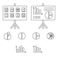 Cute hand drawn doodle set of chart, flipchart, diagram. Infographic business element for presentations, statistic, reports. Vector illustration isolated o background with hand drawn doodle outline.