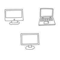 Set of cute hand drawn doodle computers for business. Monitor, laptop with keyboard. Device for office, working at home or at cafe. Colorful vector doodle illustration isolated on the background.