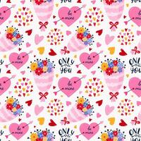 Cute vector seamless hand drawn pattern with heart pierced by arrow, lettering, bouquet of flowers. Valentine's day illustrations. For wrapping paper, bedclothes, notebook, packages, gift paper