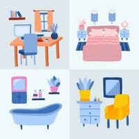 Set of detailed bedroom, living room, workplace, bathroom interior in cartoon style. Rooms with furniture, cute decor in trendy colors. Cartoon hand drawn illustration. Cozy domestic apartment inside vector