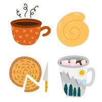Set of cozy autumn clip arts with seasonal food and drinks. Cute cup of hot coffee, ceramic mug with cacao and marshmallows, apple pie with cinnamon, baked bun. Hygge hand drawn illustration. vector